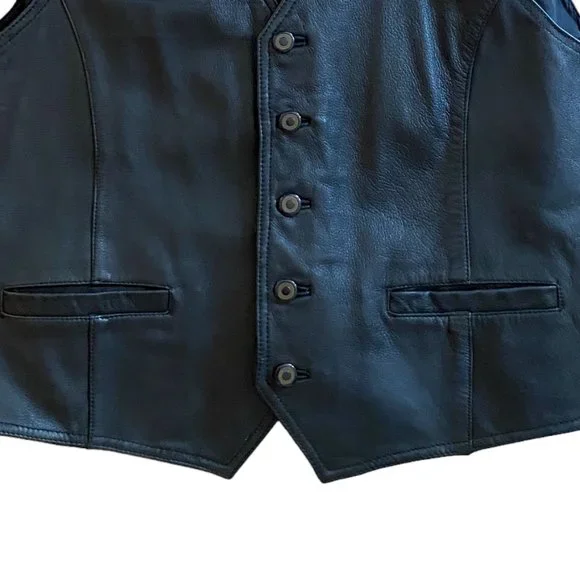 Vintage Wilsons Black All Leather 90s Y2K Moto Biker Rodeo Western Vest-XL - Picture 5 of 14